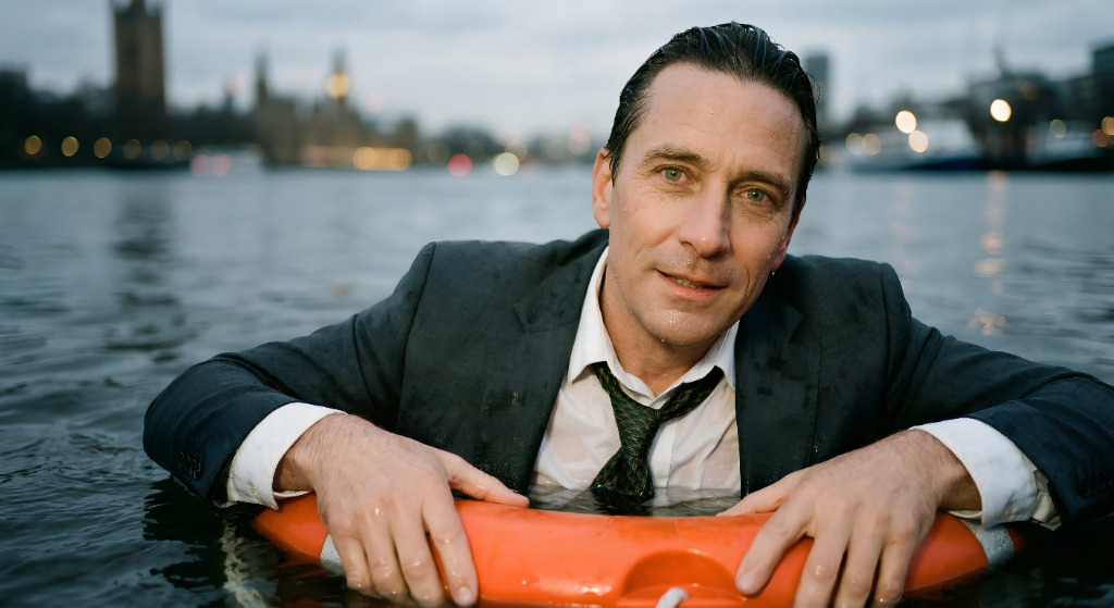 Business man in water with lifepreserver