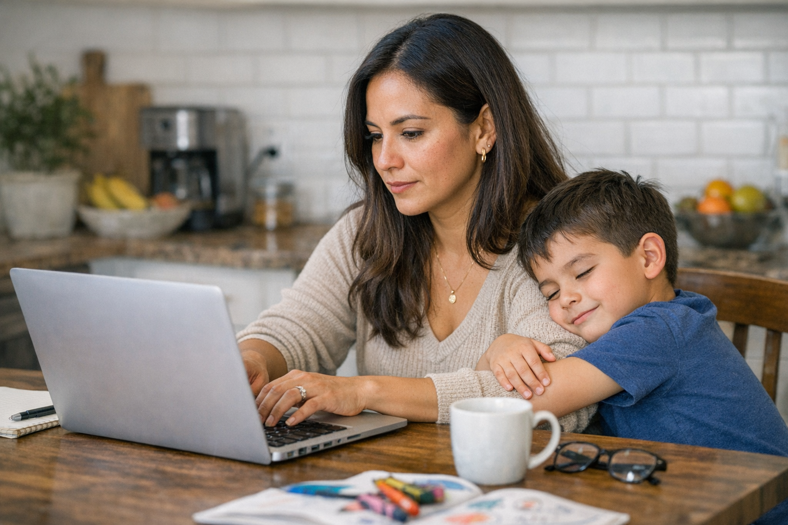 photographic latina mom working on laptop at kitchen table with kid hugging her arm