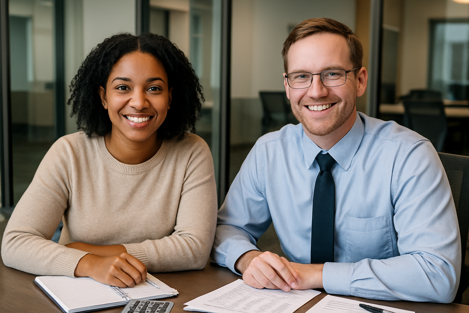 two accounting clerks sitting at a conference table smiling at the camera